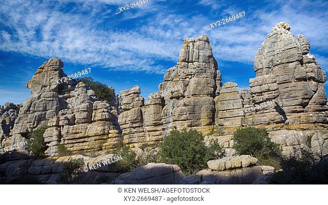El Torcal, Malaga Province, Andalusia, southern Spain. El Torcal de Antequera is famous for its karst rock formations. It is part of the Sierra del Torcal...