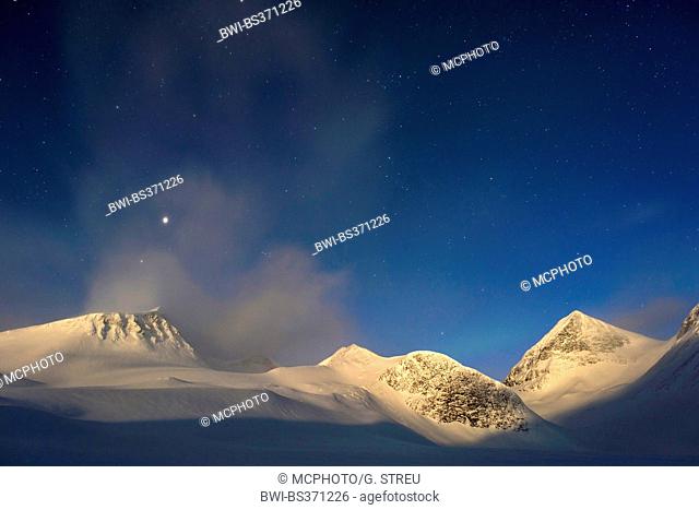 mountains in the valley Stuor Reaiddavaggi in moonlight, Sweden, Lapland, Kebnekaisefjaell