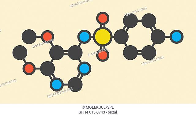 Sulfadoxine malaria drug molecule (sulfonamide class). Stylized skeletal formula (chemical structure). Atoms are shown as color-coded circles: hydrogen (hidden)