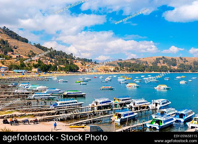 Titicaca Lake Peru, August 16 boats at the marina of Copacabana that bring tourists to visit the islands of Titicaca lake. Shoot on August 16, 2019