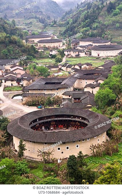 A group of Tulou buildings in a small village in Fujian province, China