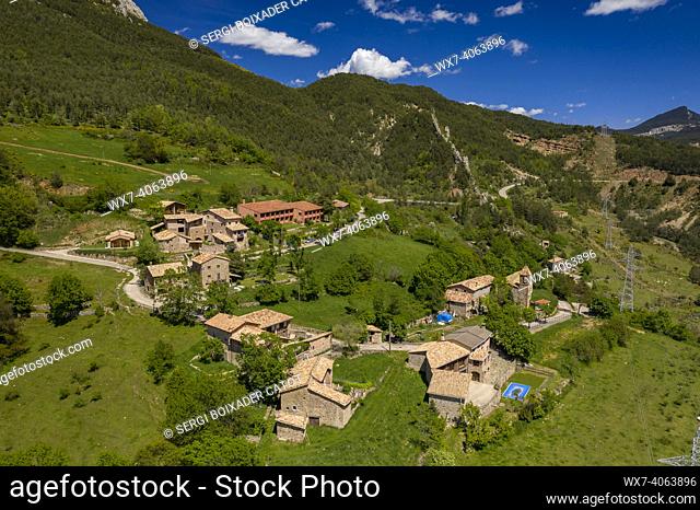Aerial view of l'EspÃ  village under Pedraforca south face in spring (BerguedÃ , Catalonia, Spain, Pyrenees)