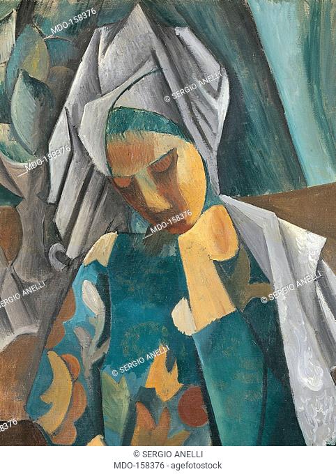 Queen Isabeau, by Pablo Picasso, 1909, 20th Century, oil on canvas, cm 92 x 73. Russia, Moscow, Pushkin Museum. Detail. Woman head gear headdress face