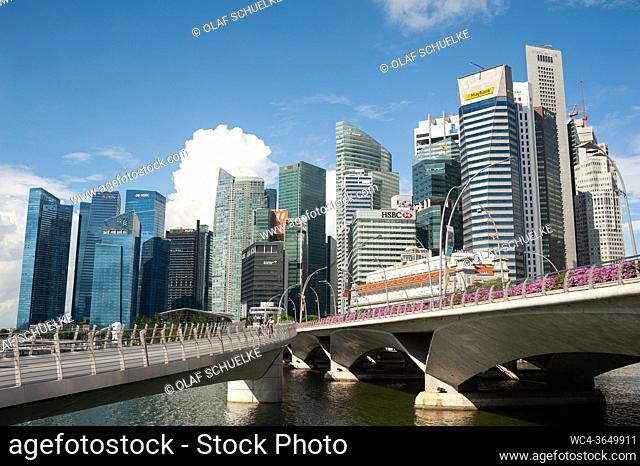 Singapore, Republic of Singapore, Asia - Cityscape of the skyline and the skyscrapers of the central business district at Marina Bay