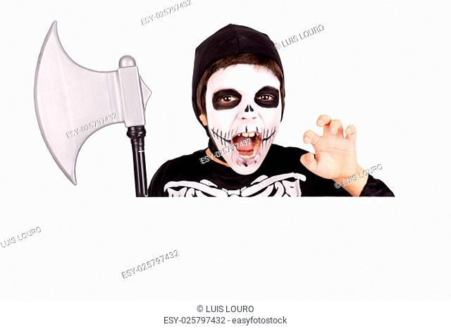Boy with face-paint and skeleton Halloween costume over a white board