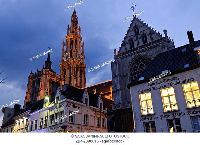 Cathedral of Our Lady by night from Green Square, Antwerp, Belgium, Europe