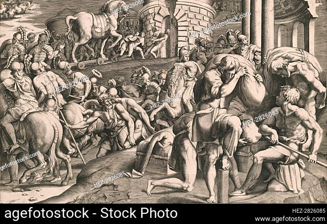 The Trojans pulling the wooden horse into the city, 1545. Creator: Giulio Bonasone
