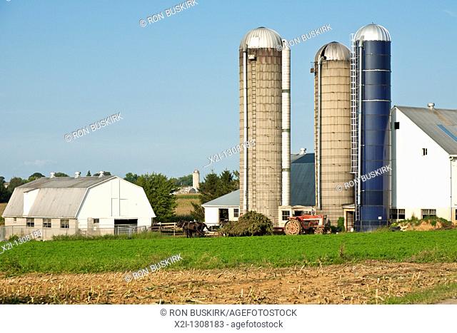 Amish farmers putting corn crop into silos in Lancaster County, Pennsylvania