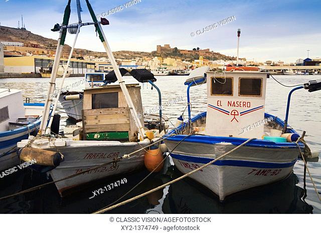 Almeria, Almeria Province, Spain  View over fishing port to castle