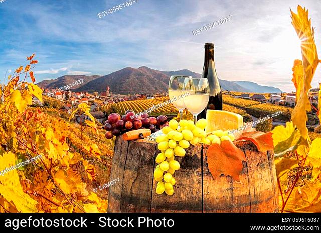 Bottle of white wine with glasses against Weissenkirchen village with autumn vineyards in Wachau valley, Austria