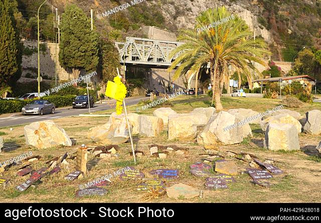 Menton, France - October 09, 2023: Memorial Stones for Refugees / Pierres Commémoratives pour les Réfugiés at the French-Italian Border / Douane / French Alps