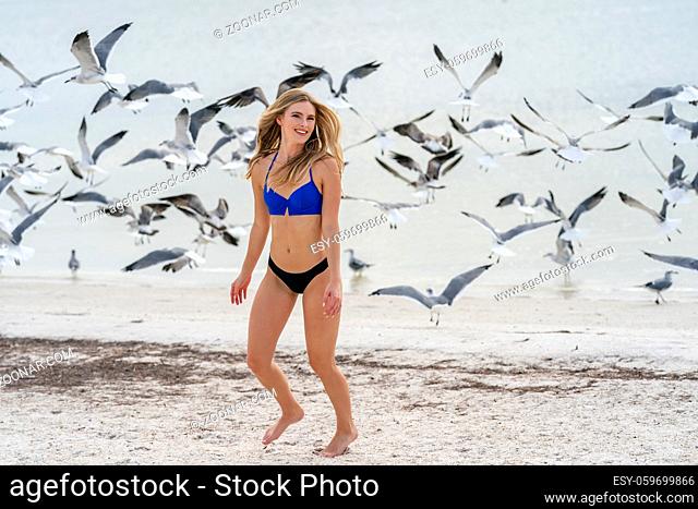 A beautiful blonde bikini model enjoys the weather outdoors on the beach while chasing seagulls
