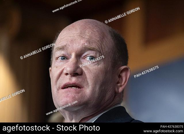 United States Senator Chris Coons (Democrat of Delaware) at a press conference with United States Senator Jeanne Shaheen (Democrat of New Hampshire)