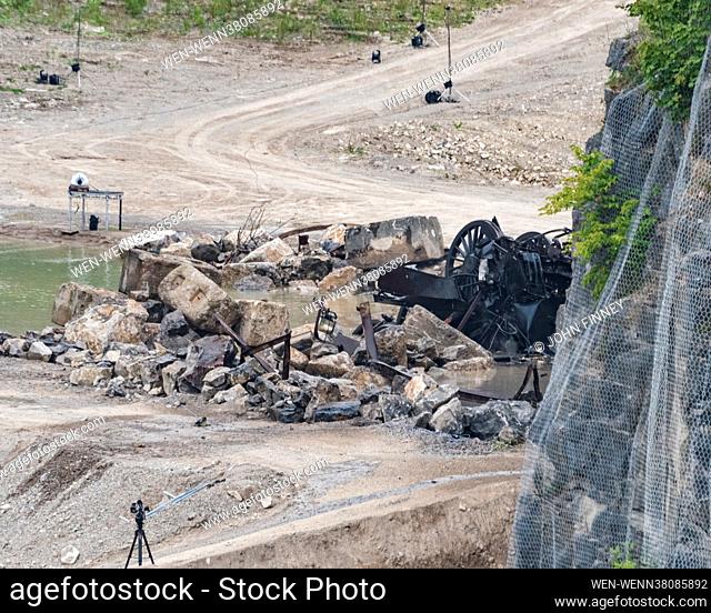***DOUBLE FEES APPLY FOR ONLINE USE***   Mission: Impossible 7 locomotive train crash scene in Stoney Middleton, Derbyshire