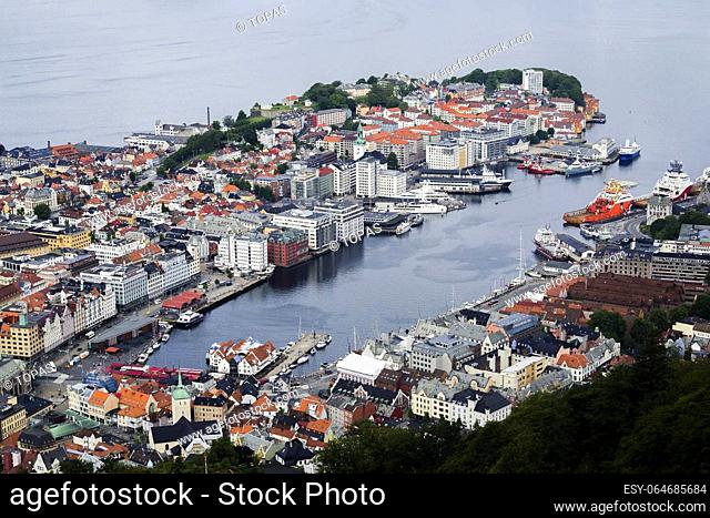 Norway, Bergen - Bird View over Bergen to the Harbour