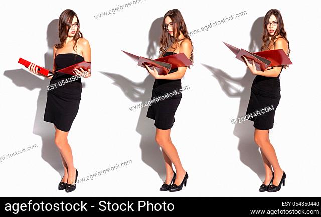 cheerful office worker in black dress and red folders in hand, several photos on a single, panoramic photo