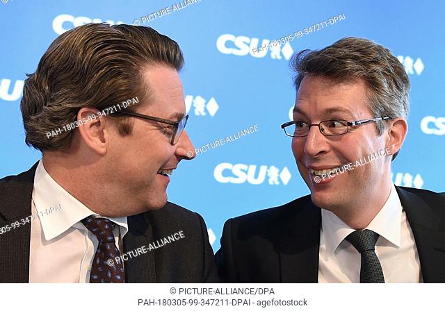 05 March 2018, Germany, Munich: Andreas Scheuer (l-r), secretary general of the Christian Social Union (CSU) and future German Transport Minister