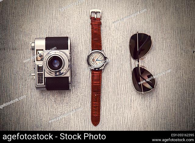 Photography, vintage. Retro camera on the table