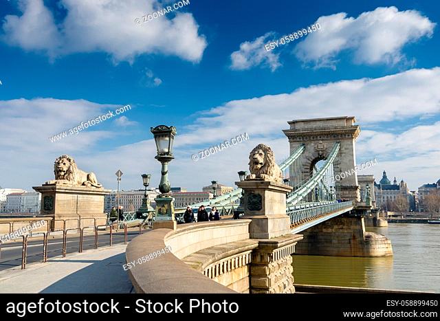 BUDAPEST, HUNGARY - FEBRUARY 20, 2016: The Szechenyi Chain Bridge is a suspension bridge that spans the River Danube between Buda and Pest