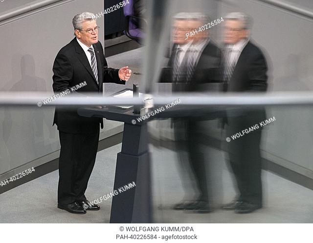 German President Joachim Gauck speaks at the German Bundestag in Berlin, Germany, 14 June 2013. The head of state attended an event commemorating the 60th...