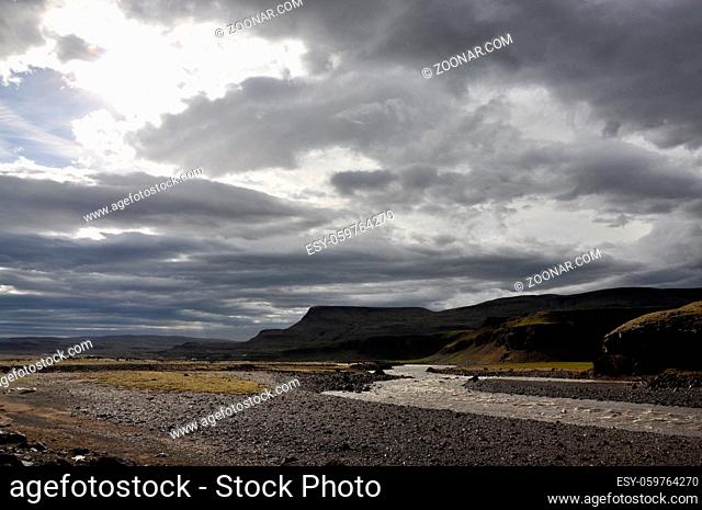 Süden, Island, fluss, tal, flusstal, tal, südisland, gebirge, wolke, wolken, wolkenhimmel, landschaft, geologie