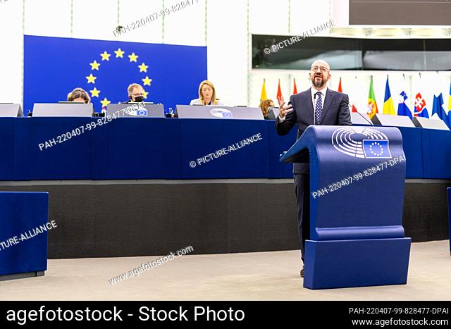 06 April 2022, France, Straßburg: Charles Michel (Mouvement Réformateur), President of the European Council, stands in the European Parliament building and...