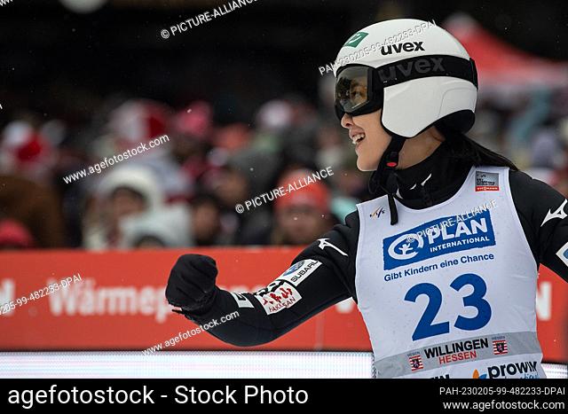 05 February 2023, Hesse, Willingen: Nordic skiing, ski jumping: World Cup, large hill, women. Nozomi Maruyama from Japan gestures after her final jump