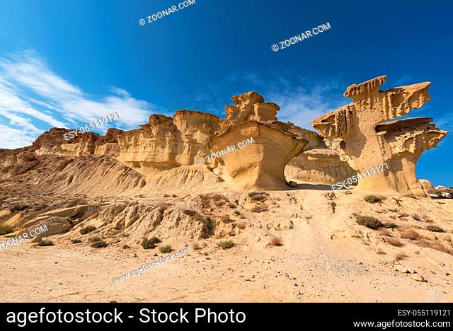 Desertic landscape of Erosion rocks, natural formations in Bolnuevo, Murcia, Spain