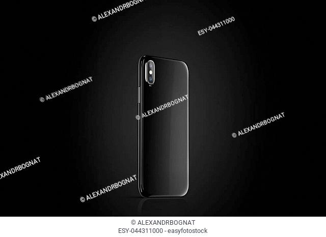 Blank black phone case mock up, stand left side view, 3d rendering. Smartphone cover mockup on black surface. Cellphone protector casing template