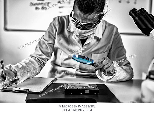 Digital forensic science. Police forensic analyst examining computer hard drive