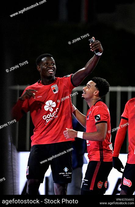 RWDM's Makhtar Gueye celebrates after scoring during a soccer match between RWD Molenbeek and Sint-Truidense VV, Saturday 16 December 2023 in Brussels