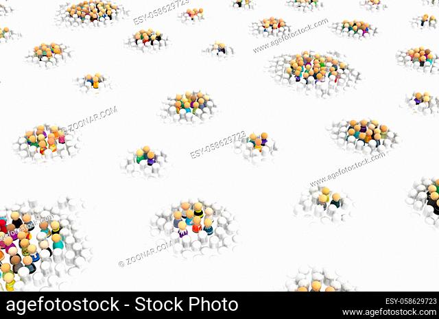 Crowd of small symbolic 3d figures, small groups appear and colorize, over white