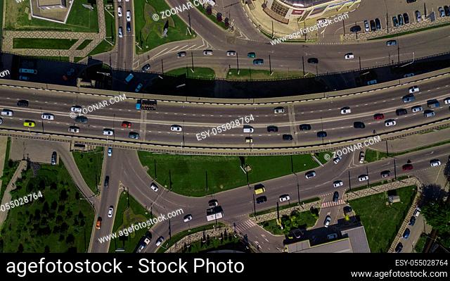 Aerial road view of traffic jam on a car bridge