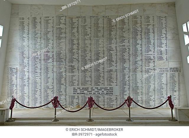 USS Arizona Memorial, memorial plaque with names of killed soldiers, Pearl Harbour, Oahu, Hawaii, United States