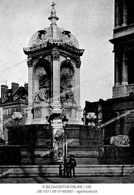 One of the first autotype prints, fontaine saint sulpice fountain, historic photograph, 1884, paris, france, europe