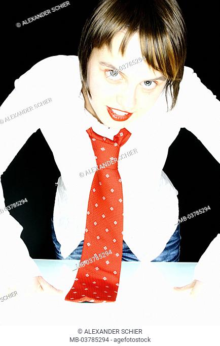 Office, desk, woman, young, energetic,  resting, portrait, truncated  Series, women portrait, 20-30 years, gaze camera brunette made up, lips, red