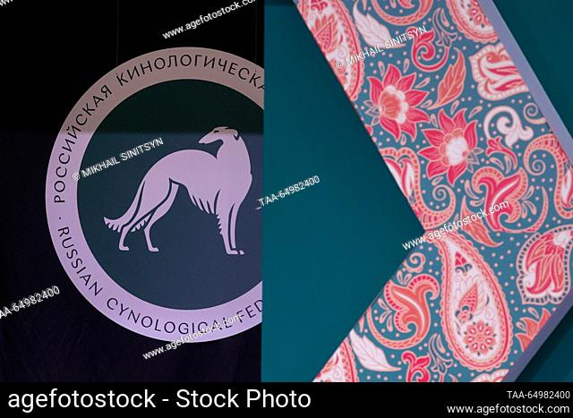 RUSSIA, MOSCOW REGION - NOVEMBER 19, 2023: The logo of the Russian Canine Federation (Russian Cynological Federation) is seen during the Eurasia Dog Show 2023...