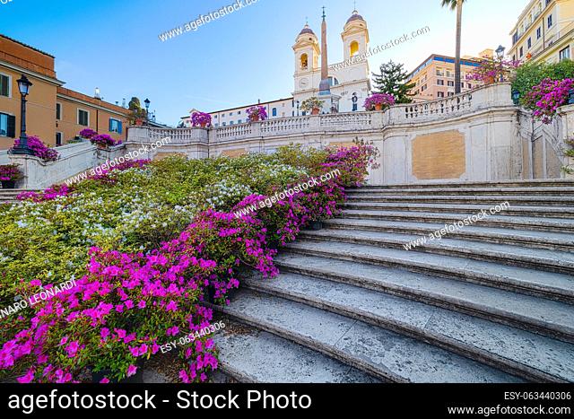 Spanish Steps in the morning with azaleas. Spanish Steps is a famous landmark and attraction of Rome and Italy