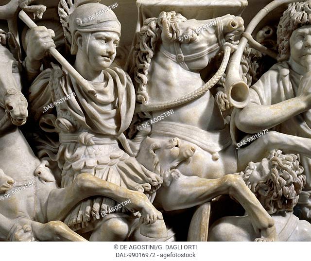 Roman knight, detail from a marble sarcophagus known as Grande Ludovisi with a relief depicting a battle between the Romans and Ostrogoths, ca 260 AD