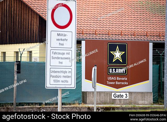 08 June 2020, Bavaria, Grafenwöhr: ""U.S.Army - USAG Bavaria - Tower Barracks"" is written on a sign at an entrance to the US Army training area
