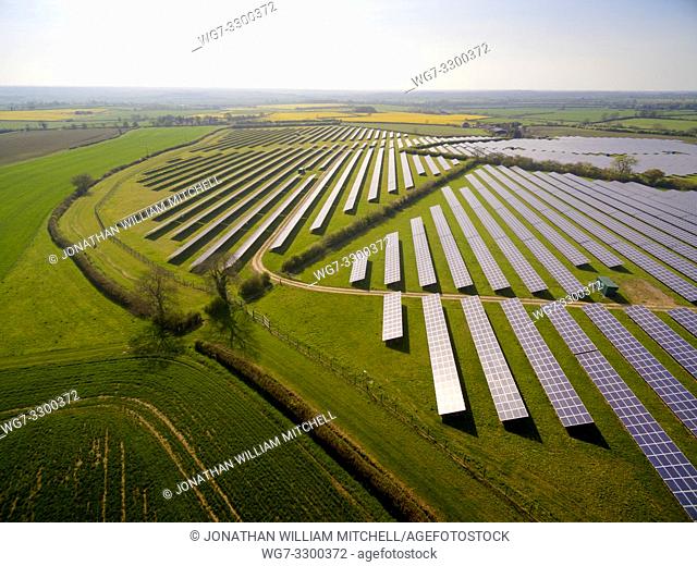 Aerial view of a solar farm in Northamptonshire England UK