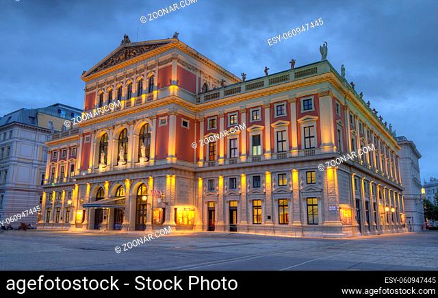 Great Hall of Wiener Musikverein, Viennese Music Association, Home of Philharmonic orchestra by night, Vienna, Austria, HDR