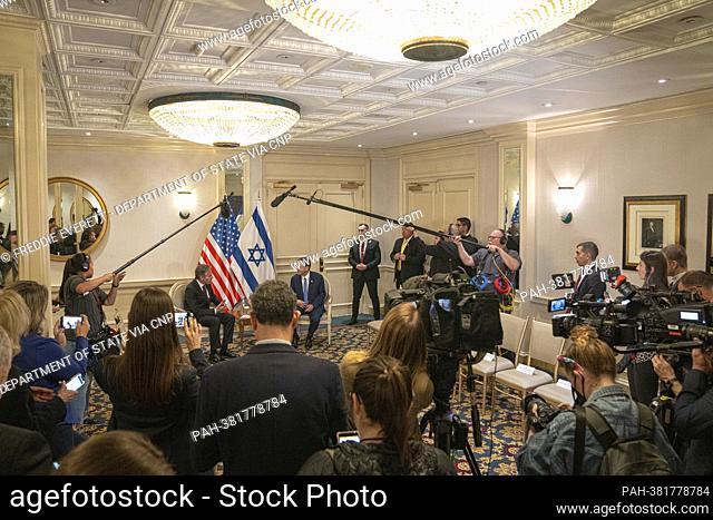 United States Secretary of State Antony Blinken, left, meets with President Isaac Herzog of Israel, right, during a photo-op at the US Department of State in...