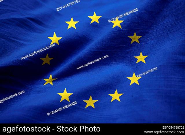 Closeup of Ruffled European Union Flag, European Union Flag Blowing in Wind
