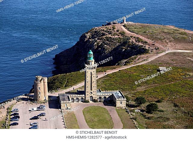France, Cotes d'Armor, Cote d'Emeraude (Emerald Coast), Plevenon, Cap Frehel, The Cap Frehel Lighthouse (aerial view)