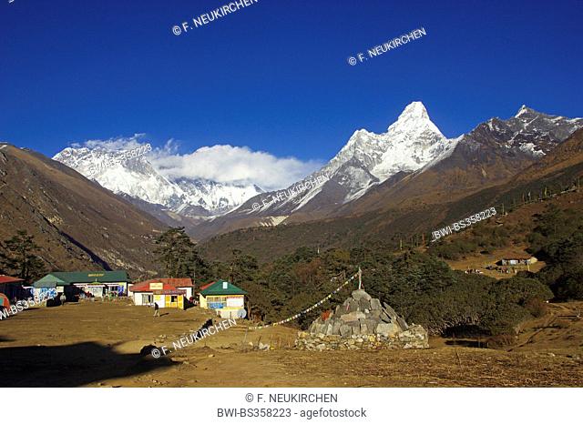 view to hostels near Tengboche monastery and Nuptse, Everest, Lhotse and Ama Dablam, Nepal, Himalaya, Khumbu Himal