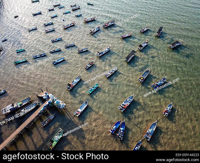 Fishing boats in row at jetty at Malaysia, Asia