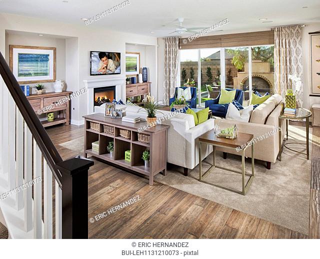 Seating furniture in a spacious living room at home; Menifee; California; USA