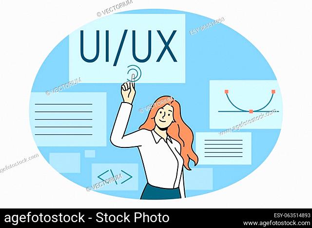 User interface and experience concept. Young woman web designer computer programmer standing and pointing at ui ux vector illustration