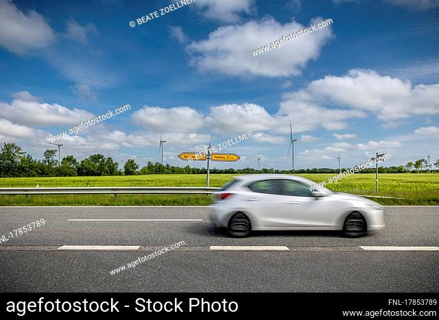 Car traffic on the border road popularly known as the concrete road in the German-Danish border area between Süderlügum and Flensburg